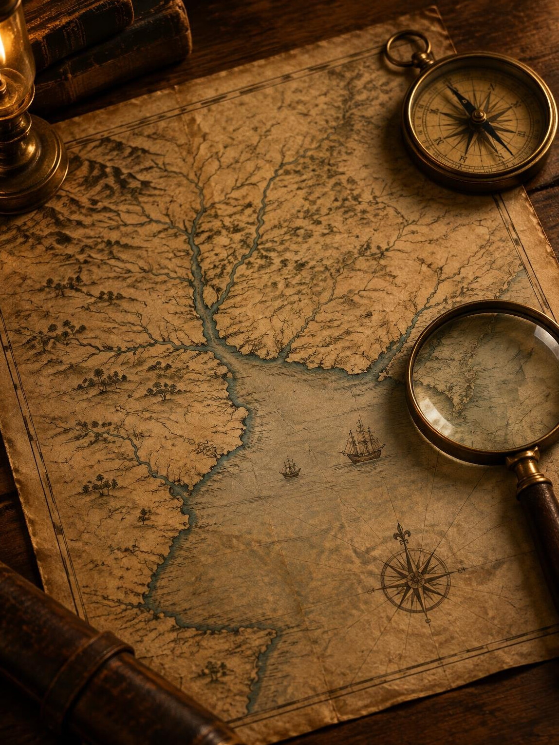 Antique map of the Rio de la Plata with a compass on a table