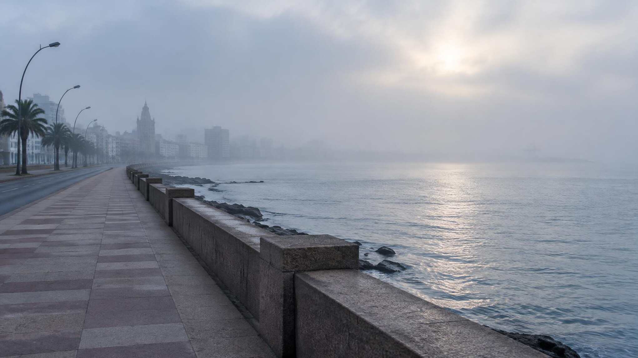 Montevideo Rambla seafront promenade in morning fog