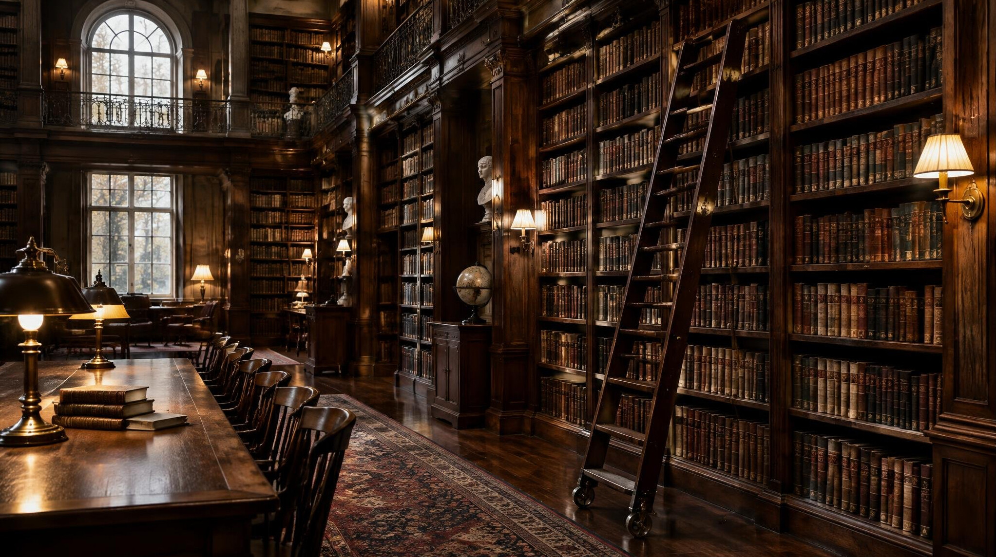 Old library with tall wooden shelves and a rolling ladder