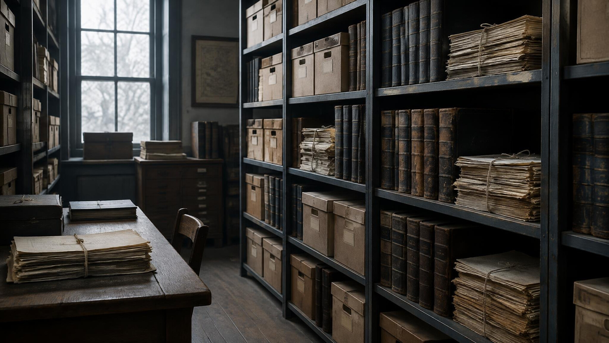 Old archive boxes and yellowed documents on a shelf in a records room