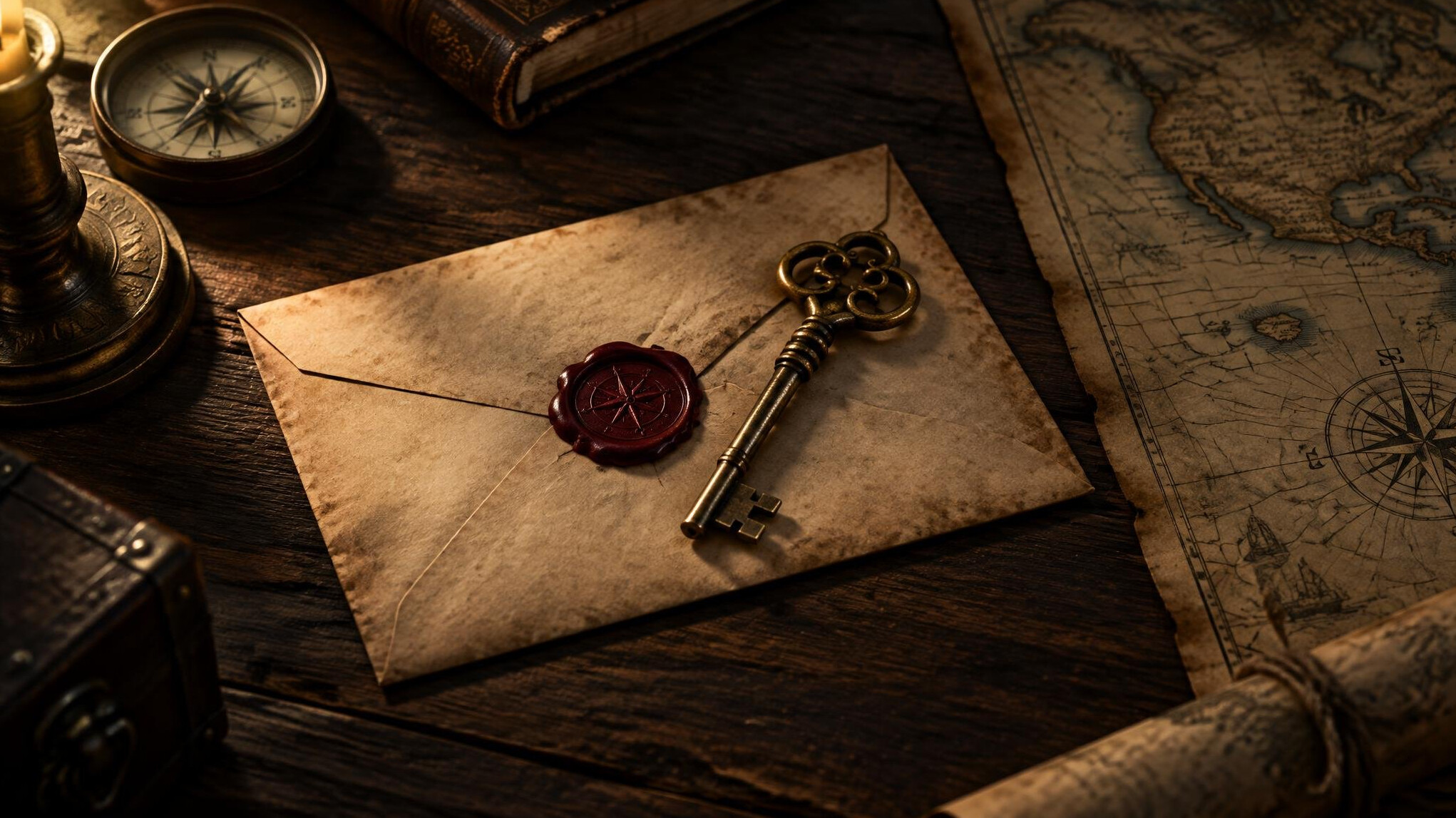 Antique brass key and sealed envelope on a dark table