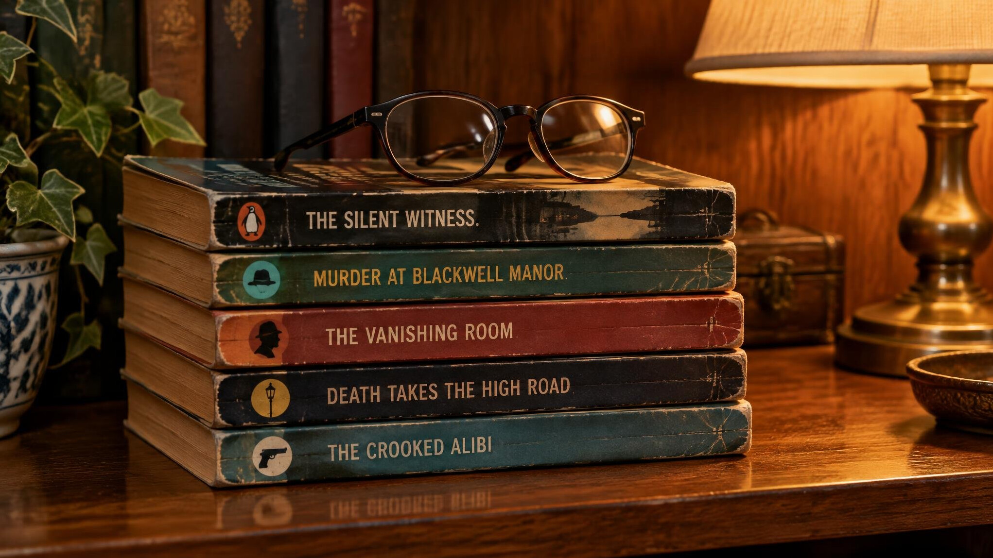 Stack of vintage paperback mystery novels on a wooden shelf
