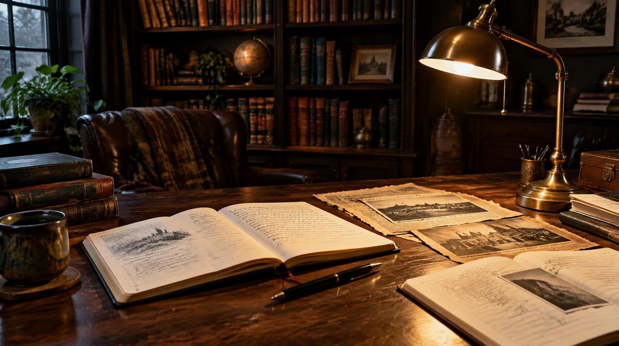 Researcher desk with open notebooks, old newspapers and reading lamp